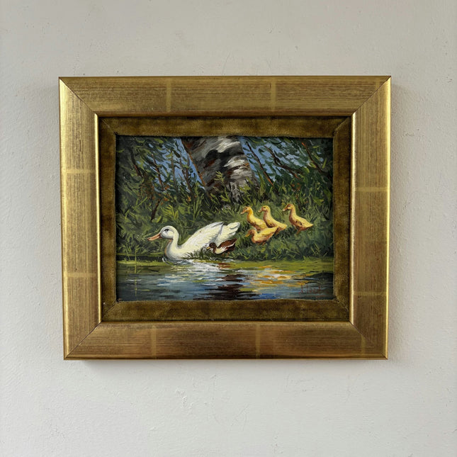 Fine Oil Painting Animals "Duck Family" Antique Small Artwork - HollandArtShop