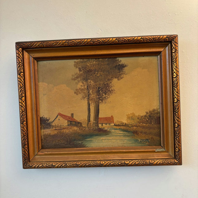 Fine Oil Painting Farm "Red Roof Cottage" Traditional Medium Artwork - HollandArtShop