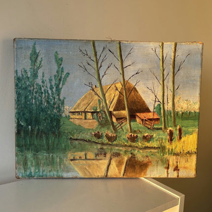 Fine Oil Painting Landscape "Thatched Cottage" Classic Small Artwork - HollandArtShop