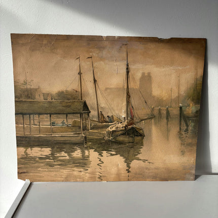 Fine Seascape Aquarel "Distant Dockside Boats" Refined Medium Art - HollandArtShop