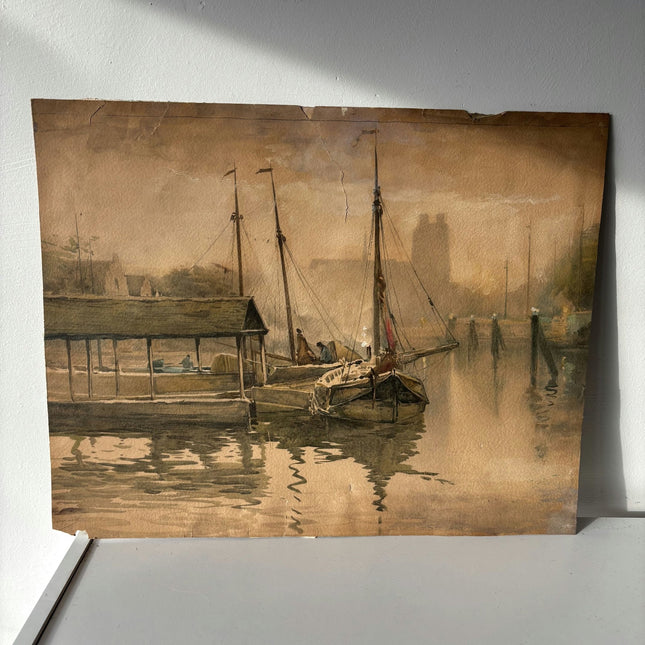 Fine Seascape Aquarel "Distant Dockside Boats" Refined Medium Art - HollandArtShop