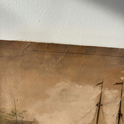 Fine Seascape Aquarel "Distant Dockside Boats" Refined Medium Art - HollandArtShop