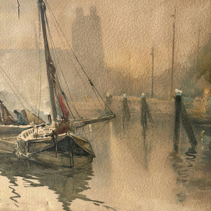 Fine Seascape Aquarel "Distant Dockside Boats" Refined Medium Art - HollandArtShop