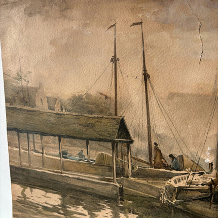 Fine Seascape Aquarel "Distant Dockside Boats" Refined Medium Art - HollandArtShop