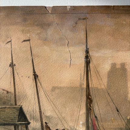 Fine Seascape Aquarel "Distant Dockside Boats" Refined Medium Art - HollandArtShop