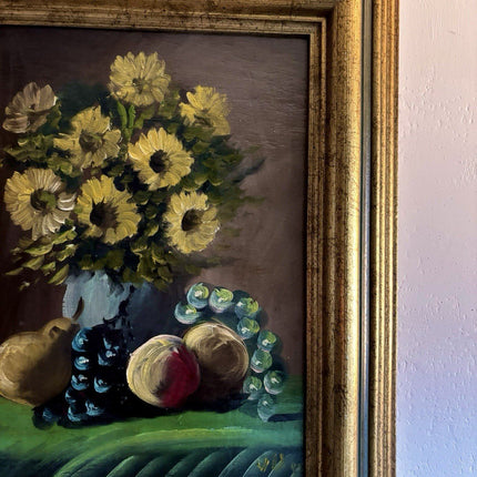 Flower Oil Painting Sunflowers Still Life with Fruits Grapes in Golden Frame - HollandArtShop