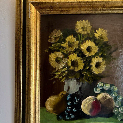Flower Oil Painting Sunflowers Still Life with Fruits Grapes in Golden Frame - HollandArtShop