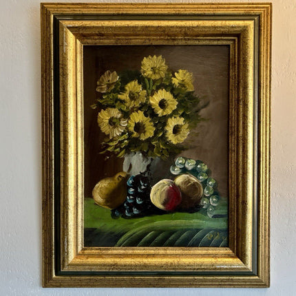 Flower Oil Painting Sunflowers Still Life with Fruits Grapes in Golden Frame - HollandArtShop
