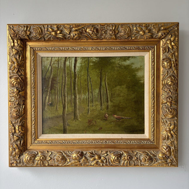 “Forest Stream with Pheansants” – Vintage Woodland Landscape – Framed Painting - HollandArtShop