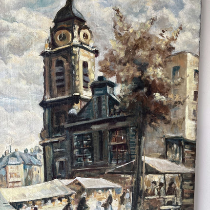 French Vintage Clock Tower Market Square Street Figures Oil Painting - HollandArtShop