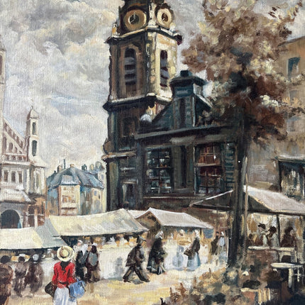 French Vintage Clock Tower Market Square Street Figures Oil Painting - HollandArtShop