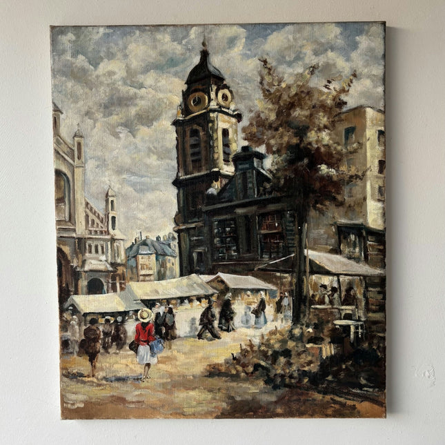 French Vintage Clock Tower Market Square Street Figures Oil Painting - HollandArtShop