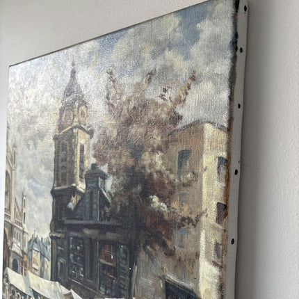 French Vintage Clock Tower Market Square Street Figures Oil Painting - HollandArtShop