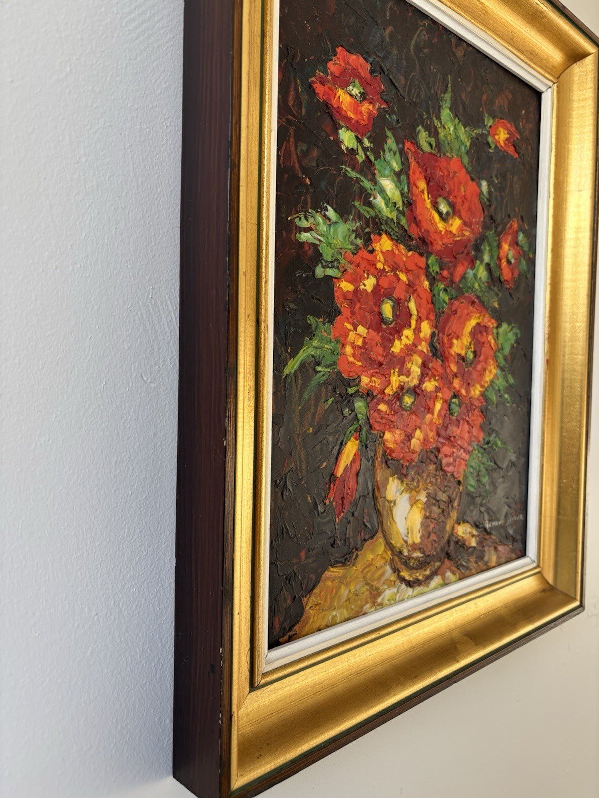French Vintage “RED EXPLOSION” Oil Painting Bouquet of Flowers Vase by Lacour Framed Art - HollandArtShop