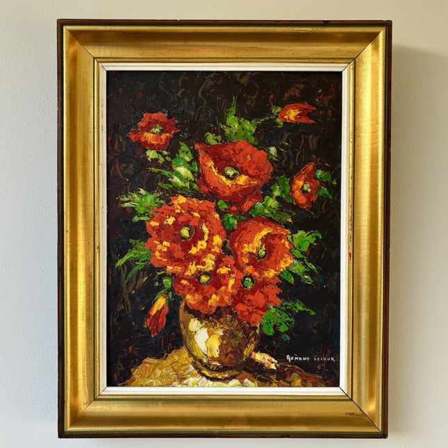 French Vintage “RED EXPLOSION” Oil Painting Bouquet of Flowers Vase by Lacour Framed Art - HollandArtShop