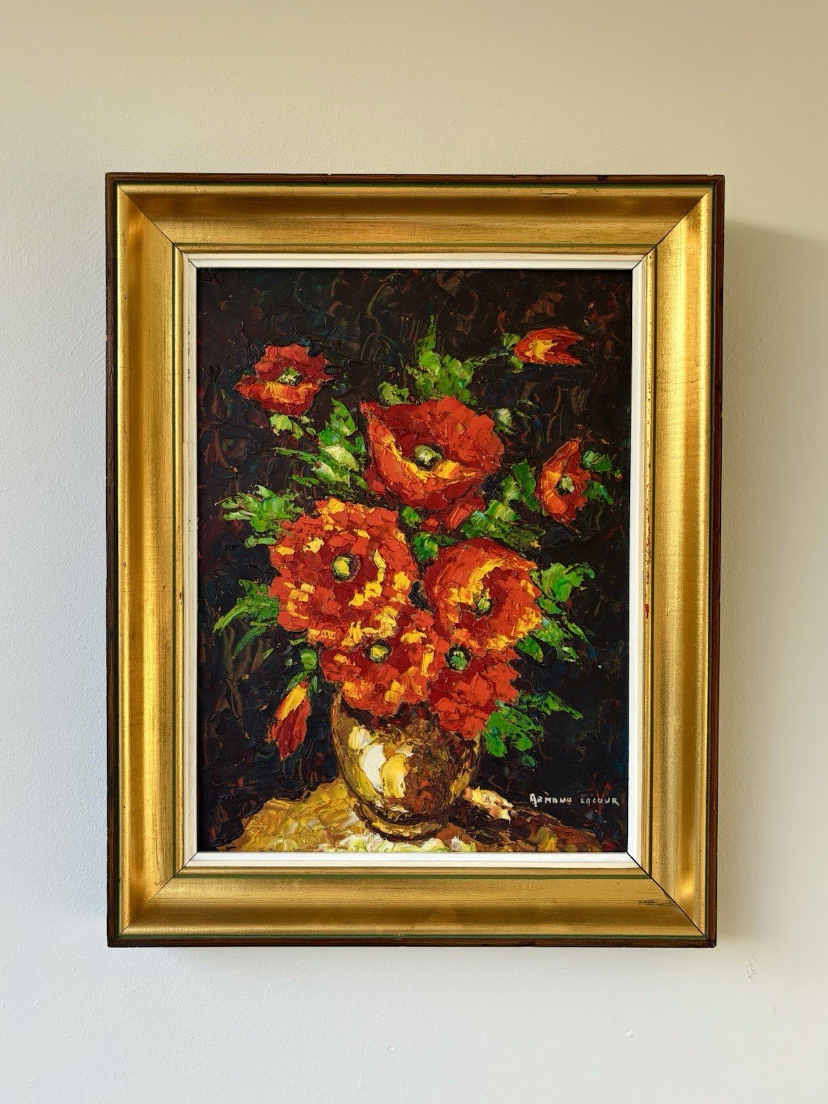 French Vintage “RED EXPLOSION” Oil Painting Bouquet of Flowers Vase by Lacour Framed Art - HollandArtShop