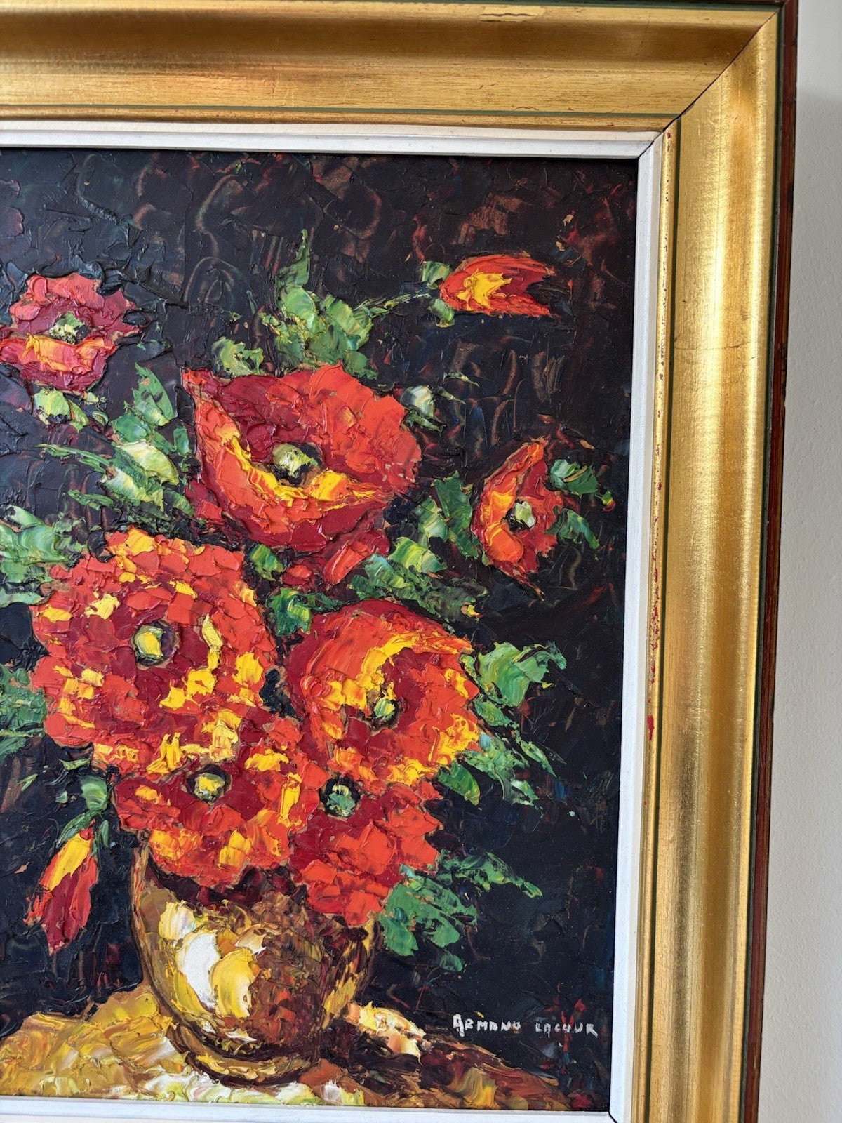 French Vintage “RED EXPLOSION” Oil Painting Bouquet of Flowers Vase by Lacour Framed Art - HollandArtShop