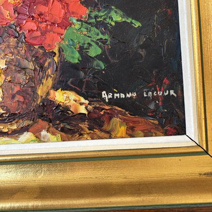 French Vintage “RED EXPLOSION” Oil Painting Bouquet of Flowers Vase by Lacour Framed Art - HollandArtShop