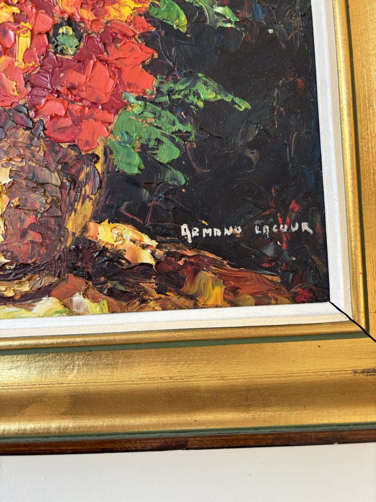 French Vintage “RED EXPLOSION” Oil Painting Bouquet of Flowers Vase by Lacour Framed Art - HollandArtShop