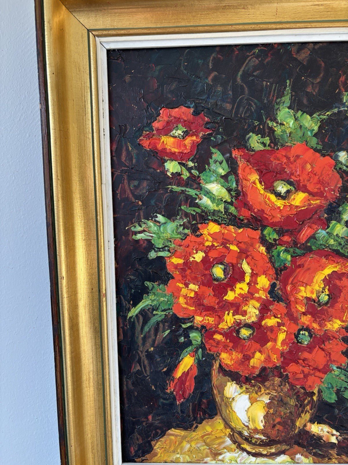 French Vintage “RED EXPLOSION” Oil Painting Bouquet of Flowers Vase by Lacour Framed Art - HollandArtShop