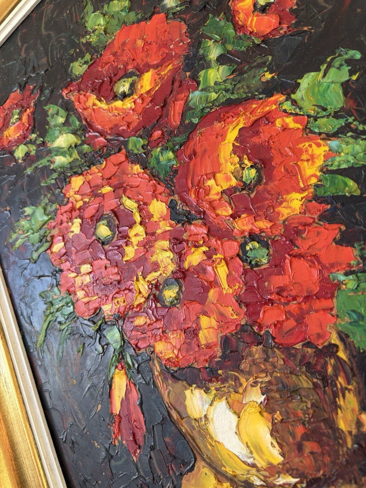 French Vintage “RED EXPLOSION” Oil Painting Bouquet of Flowers Vase by Lacour Framed Art - HollandArtShop