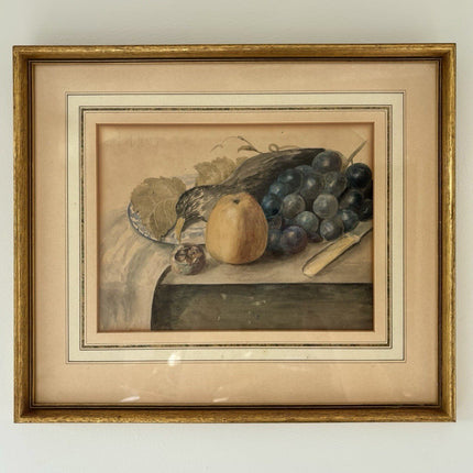 “FRUIT AND GRAPES” Vintage Hand - Painted Still Life Framed Art Drawing Art - HollandArtShop