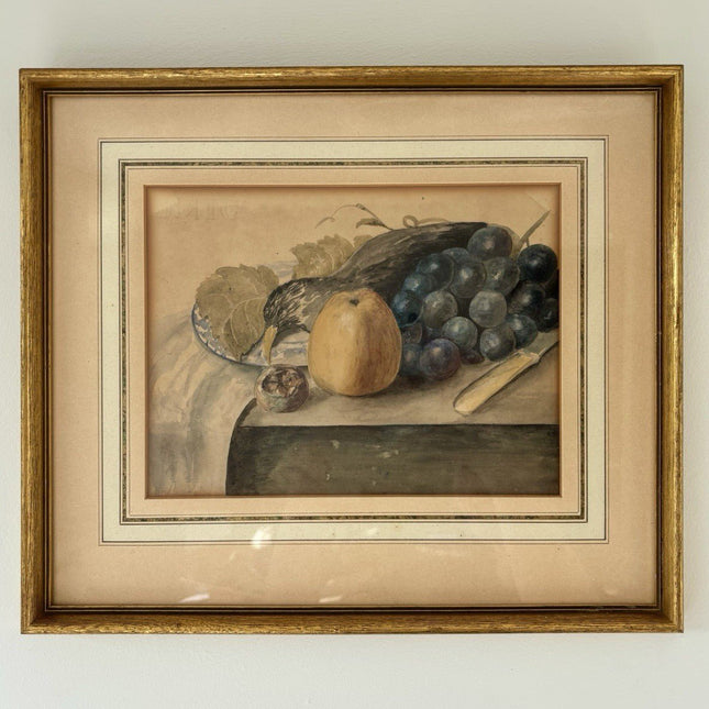 “FRUIT AND GRAPES” Vintage Hand - Painted Still Life Framed Art Drawing Art - HollandArtShop