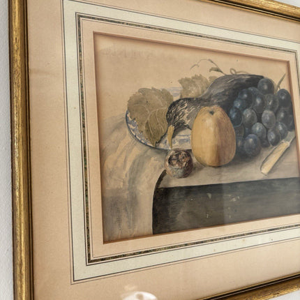 “FRUIT AND GRAPES” Vintage Hand - Painted Still Life Framed Art Drawing Art - HollandArtShop
