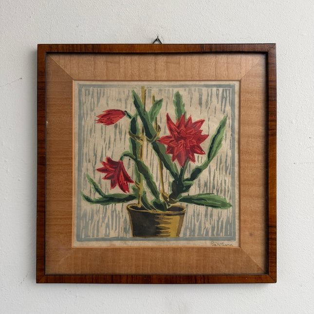 Traditional Oil Painting Flowery Still Life "Red Cactus Bloom" Small Art Holland Art Shop