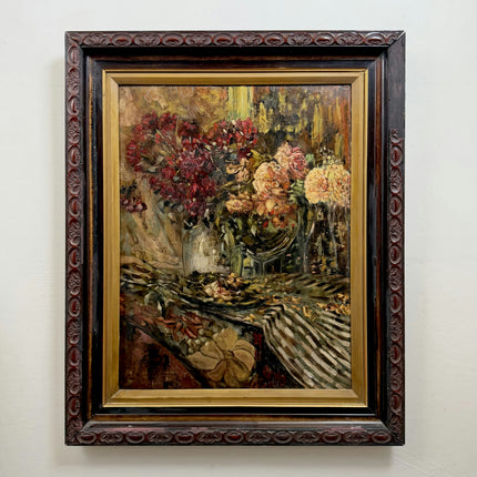 1918 Antique Still Life Oil Painting "Flower Bouquet" Large Artwork Holland Art Shop