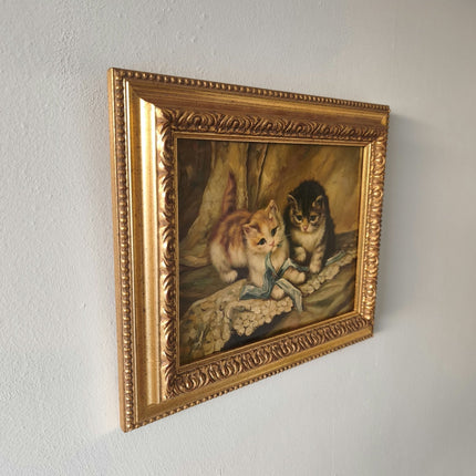 Hand Made Kittens on Panel Oil Painting Cats Playing Cute Animal Art - HollandArtShop