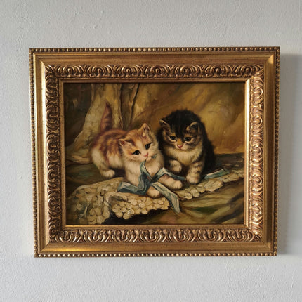Hand Made Kittens on Panel Oil Painting Cats Playing Cute Animal Art - HollandArtShop