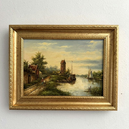 Handcrafted Oil Painting Harbor Scene "Riverbank Stroll" Authentic Small Artwork - Holland Art Shop