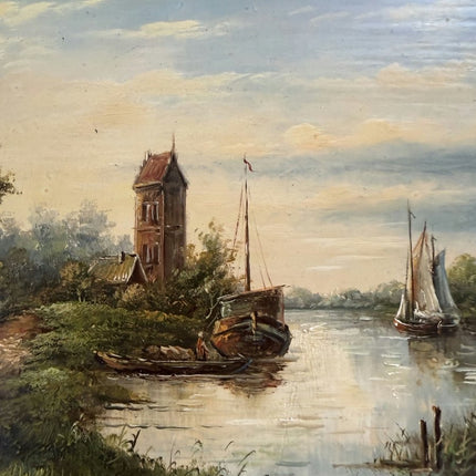 Handcrafted Oil Painting Harbor Scene "Riverbank Stroll" Authentic Small Artwork - Holland Art Shop