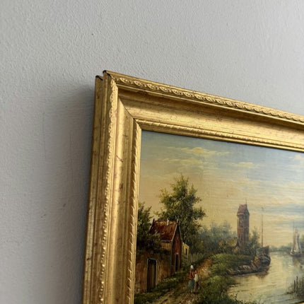 Handcrafted Oil Painting Harbor Scene "Riverbank Stroll" Authentic Small Artwork - Holland Art Shop