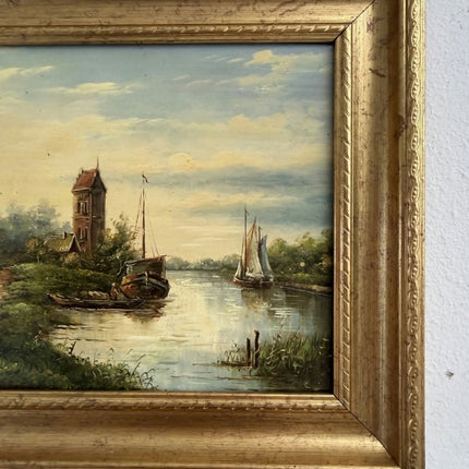 Handcrafted Oil Painting Harbor Scene "Riverbank Stroll" Authentic Small Artwork - Holland Art Shop