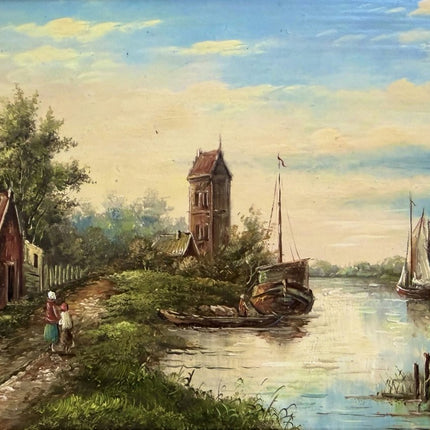 Handcrafted Oil Painting Harbor Scene "Riverbank Stroll" Authentic Small Artwork - Holland Art Shop