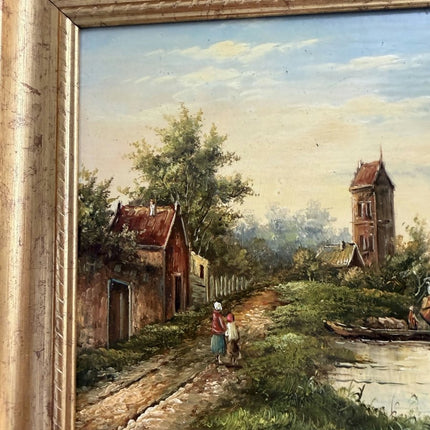 Handcrafted Oil Painting Harbor Scene "Riverbank Stroll" Authentic Small Artwork - Holland Art Shop