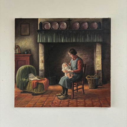 Handcrafted Oil Painting Interior "Mother And Child" Refined Medium Artwork - HollandArtShop