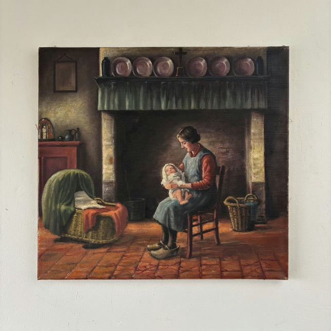 Handcrafted Oil Painting Interior "Mother And Child" Refined Medium Artwork - HollandArtShop