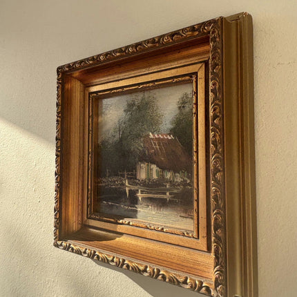 Intriguing Cityscape Oil Painting "Thatched Cottage" Figurative Small Artwork - HollandArtShop