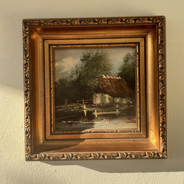 Intriguing Cityscape Oil Painting "Thatched Cottage" Figurative Small Artwork - HollandArtShop