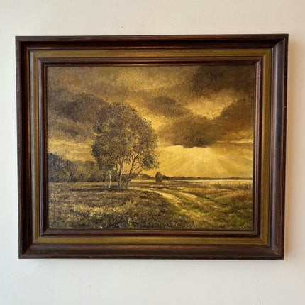 Intriguing Landscape Oil Painting "Golden Sunset Tree" Vintage Netherlands Art - HollandArtShop