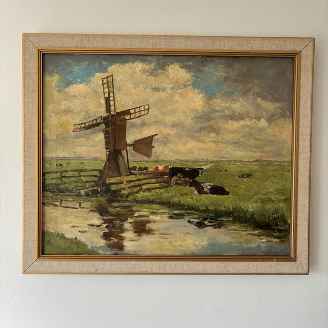 Intriguing Landscape Oil Painting "Windmill Reflection" Marvelous Medium Art - HollandArtShop