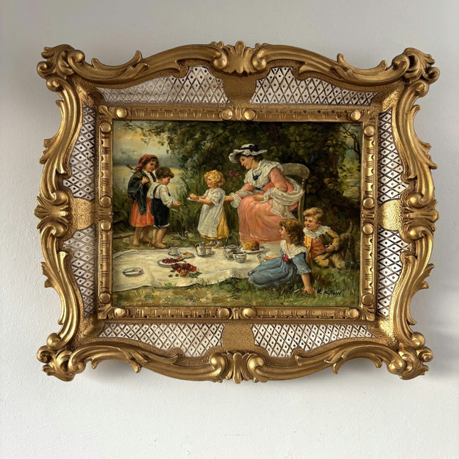Intriguing Oil Painting Scenery "Tea Party Moment" Handcrafted Medium Art - HollandArtShop
