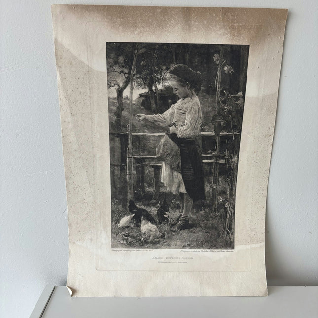 Intriguing Portrait Photogravures "Feeding Chickens" Remarkable Medium Artwork - HollandArtShop