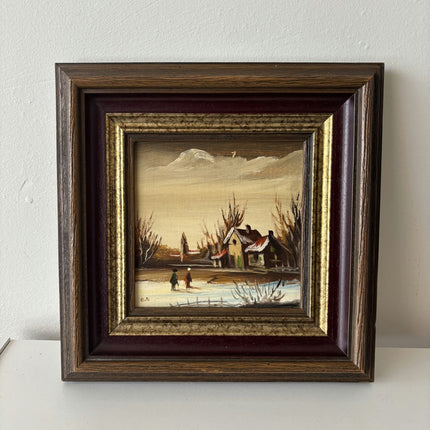 Intriguing Winter Landscape Oil Painting "Winter Walkers" Handcrafted Small Art - HollandArtShop