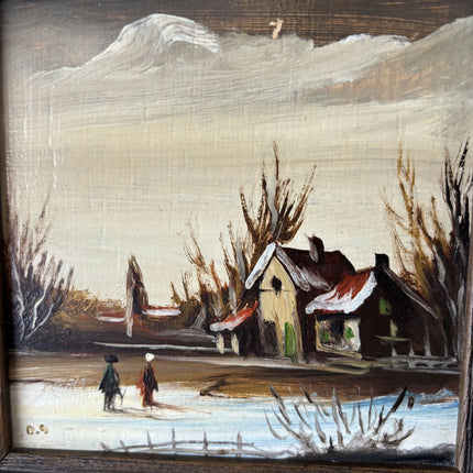 Intriguing Winter Landscape Oil Painting "Winter Walkers" Handcrafted Small Art - HollandArtShop