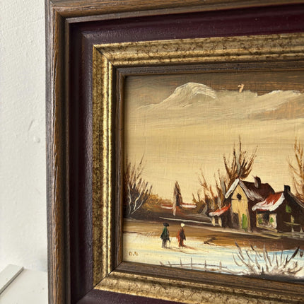 Intriguing Winter Landscape Oil Painting "Winter Walkers" Handcrafted Small Art - HollandArtShop