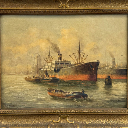 Refined Harbor Scene Oil Painting "Cargo Ship" Classic Artwork Holland Art Shop